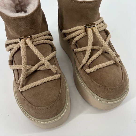 INUIKII Tan Shearling Lined Suede Platform Lace Up Low Winter Comfort Boots 38 - Picture 4 of 10